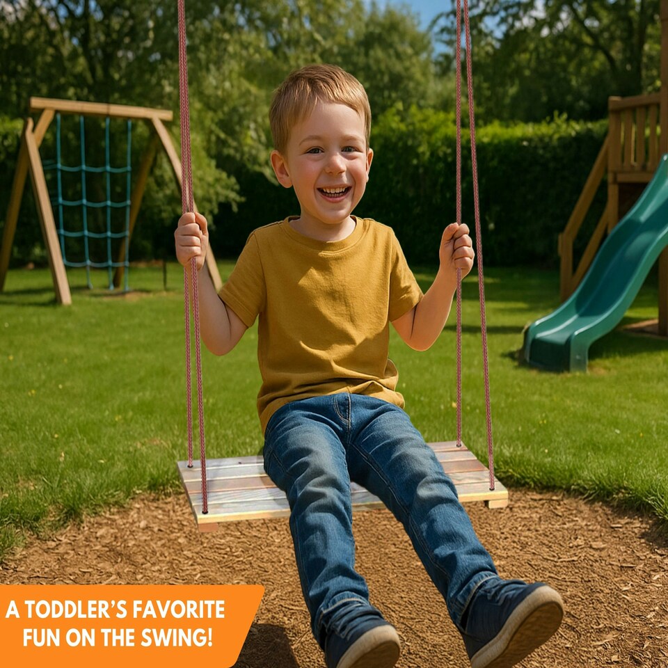 image 1 of NOVECRAFTO Wooden Swing Seat for Gardens – Durable Outdoor Hanging Swing for Kids & Adults – Strong Rope & Wooden Seat for Relaxation or Play