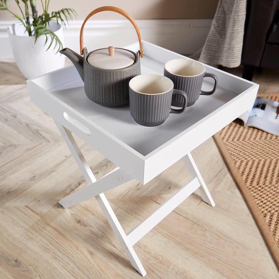 image 1 of Folding Butlers Side Table Portable Wooden Food Serving Tray | White