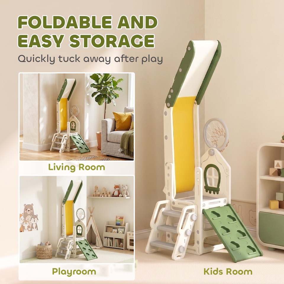image 1 of AIYAPLAY Foldable 5 in 1 Kids Slide with Climber and Basketball Hoop, Cream