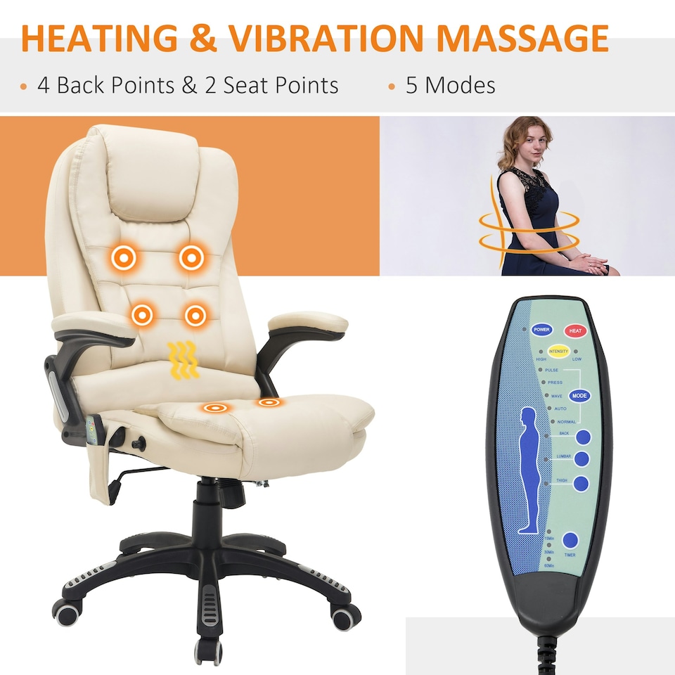 image 1 of HOMCOM Heated Vibrating Massage Office Chair with Reclining Function, Beige
