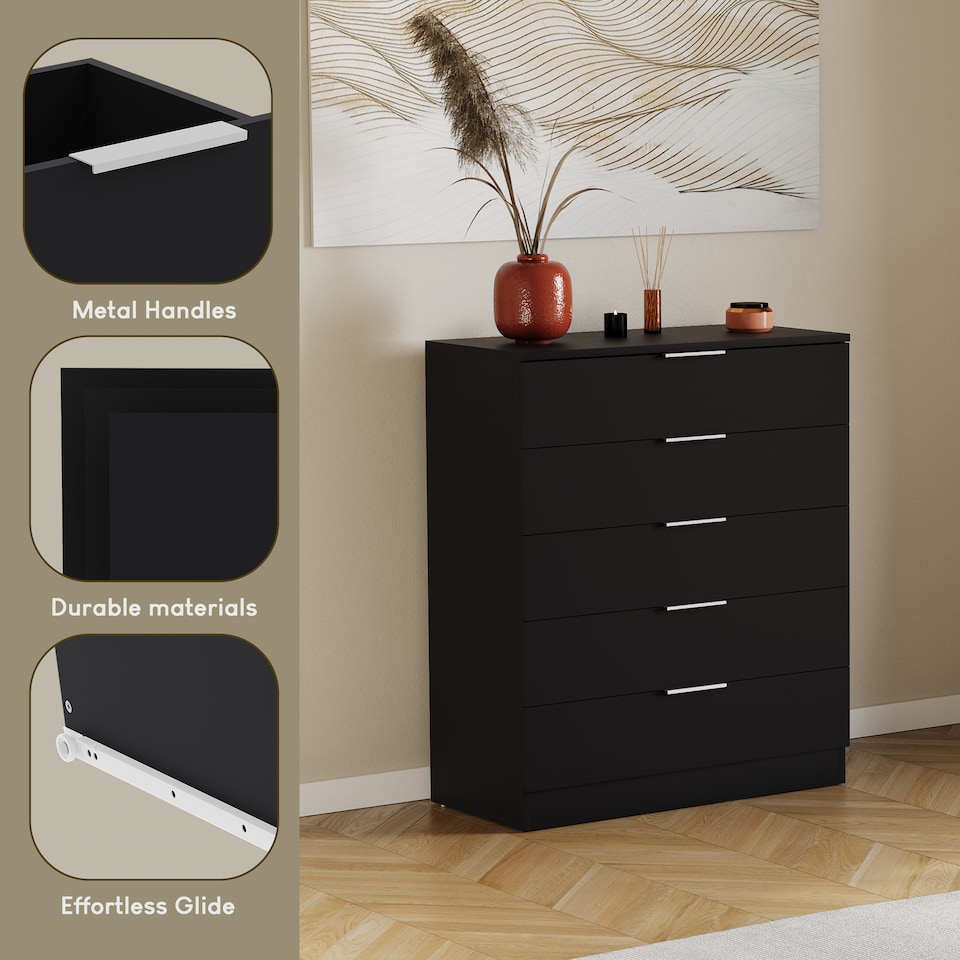 image 1 of Vida Designs Trega 5 Drawer Chest of Drawers Bedroom Clothing Organiser Storage Unit - Black