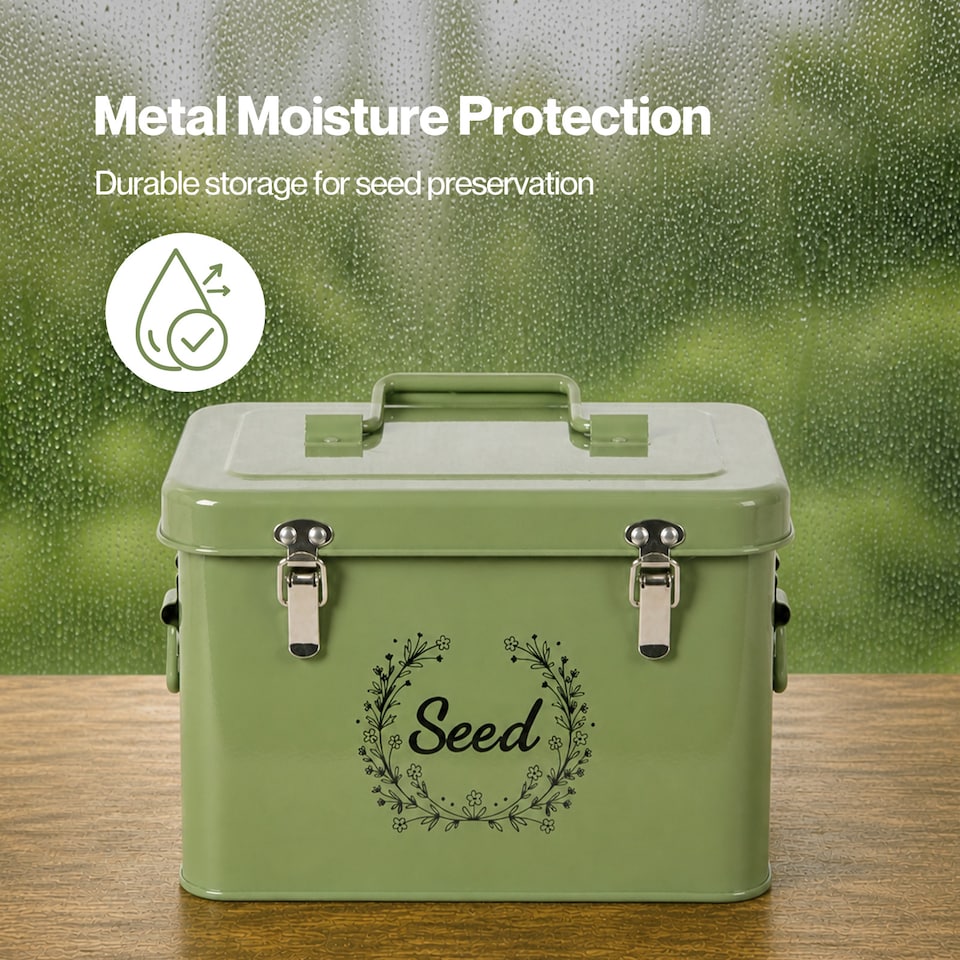 image 1 of TOQUE Seed Storage Box Organiser 3 Compartment Metal Seed Storage Green