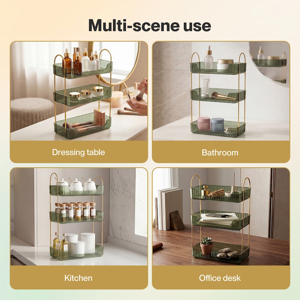 image 1 of ilus Makeup Organiser Modern Minimalist 3-Tier Cosmetic Storage Rack Beauty | Green | Green