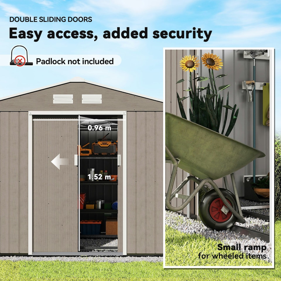 image 1 of Outsunny 9 x 6FT Galvanised Garden Storage Shed with Sliding Door, Brown