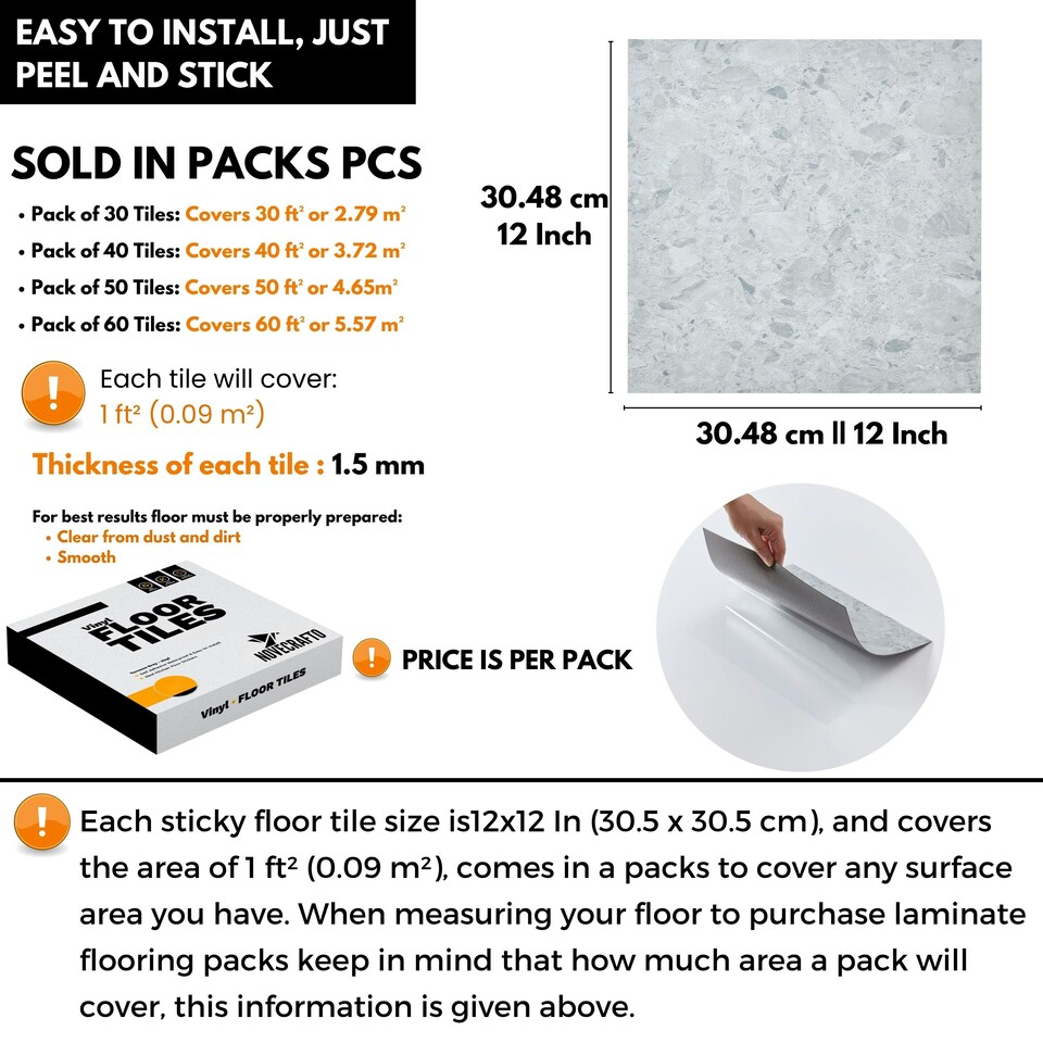 image 1 of NOVECRAFTO Vinyl Floor Tiles Self Adhesive – Peel and Stick 12x12in (30.5x30.5cm) Vinyl Flooring for Kitchen, Bathroom & Living Room – Arctic Terrazzo Design Grey | 5.57 sqm
