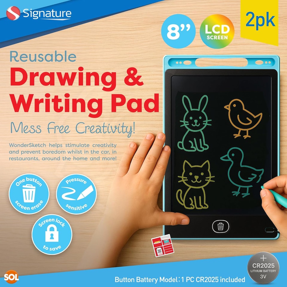 image 1 of 2pk Drawing & Writing Pad – Reusable 8" LCD Tablets with Stylus Pens, Portable Mess-Free Doodle Boards with Erase Function for Kids Ages 3+
