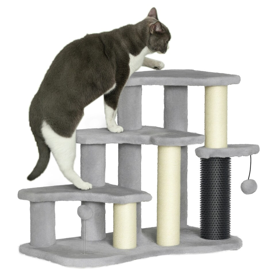 image 1 of PawHut Dog Cat Stairs Pet Steps for Bed Sofa with Scratching Post Light Grey