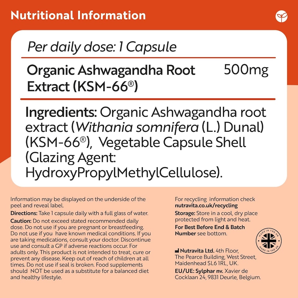 image 1 of Nutravita Organic Ashwagandha KSM-66 with 5pct Withanolides - Highest Concentration Most Bioavailable Full-Spectrum Root Powder - 60 Vegan Capsules