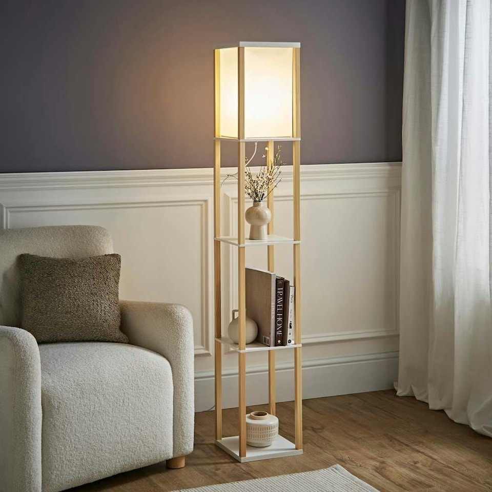 image 1 of ValueLights Struttura Oak Shelving Floor Lamp Fabric Shade & Bulb | Brown
