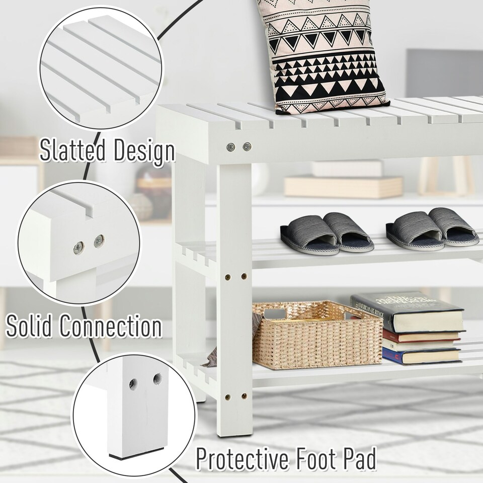 image 1 of HOMCOM 3-Tier Open Shoe Rack Hidden Storage Wood Frame Wide Shelves White White