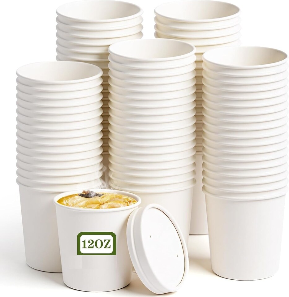 image 1 of ECONX 12oz White Disposable Paper Soup Cups Food Containers with Lids Takeaway Tubs 100pc