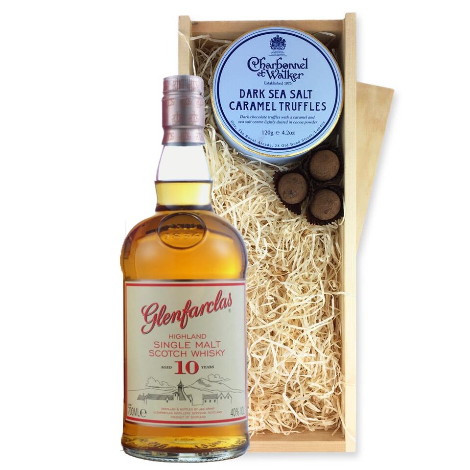 image 1 of Glenfarclas 10 Year Old Whisky And Dark Sea Salt Charbonnel Chocolates Box 70cl 40% abv