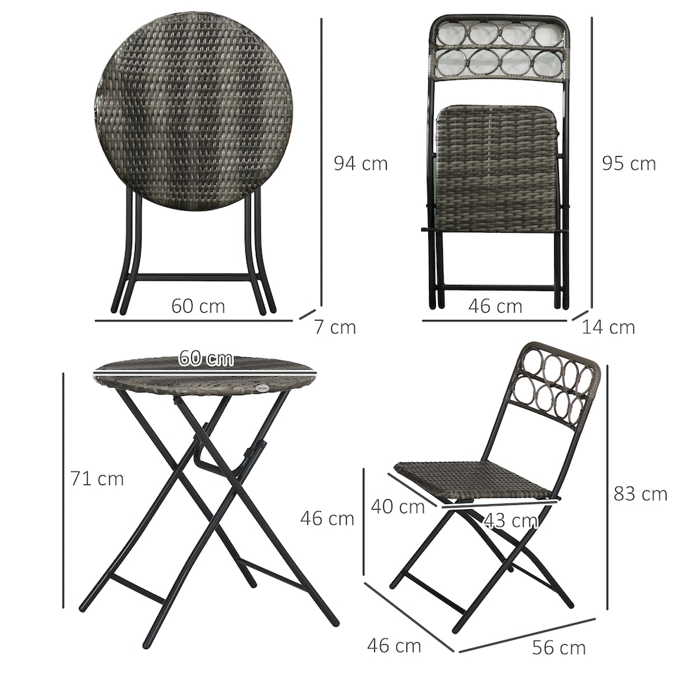 image 1 of Outsunny 3 Pieces Rattan Bistro Set, Wicker Folding Garden Furniture Set with Coffee Table and Chairs for Outdoor, Patio, Balcony, Grey