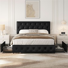 Yaheetech 135 cm W x 190 cm L Bed Frame with Adjustable Headboard and 2 Drawers Black