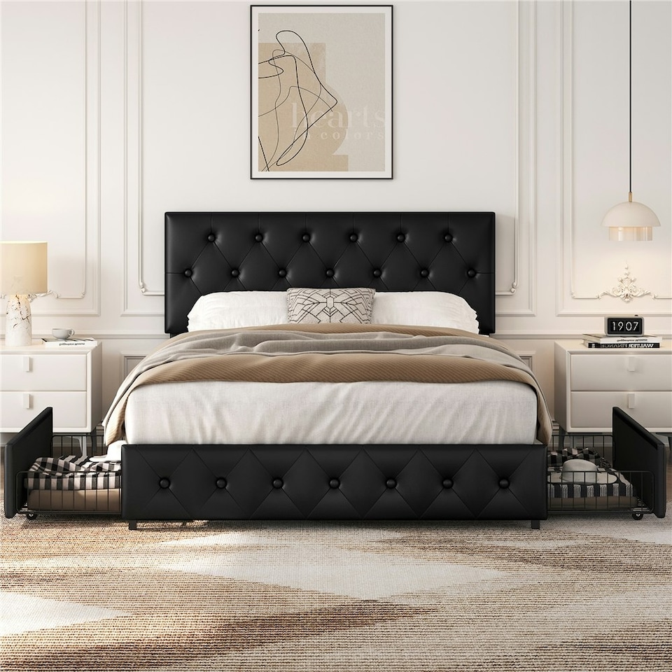 image 1 of Yaheetech 135 cm W x 190 cm L Bed Frame with Adjustable Headboard and 2 Drawers Black