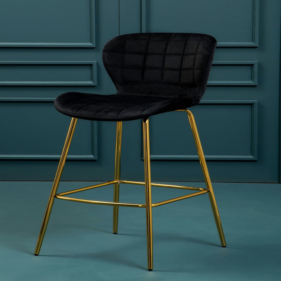 image 1 of Interiors by Premier Black Velvet Stool, Luxury Bar Stool, Modern Black Velvet Bar Chair with Quilted Design and Gold Legs
