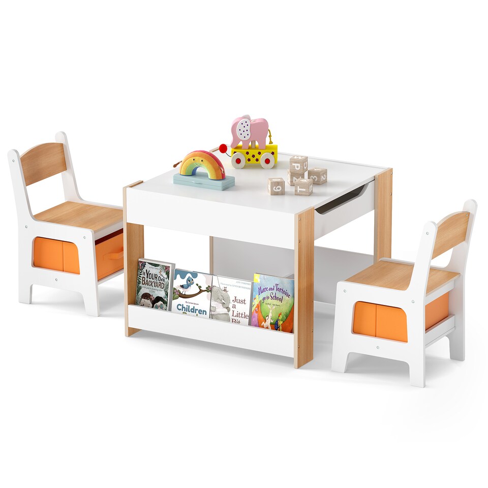 image 1 of COSTWAY Kids Table and 2 Chairs Set Multifunctional Natural