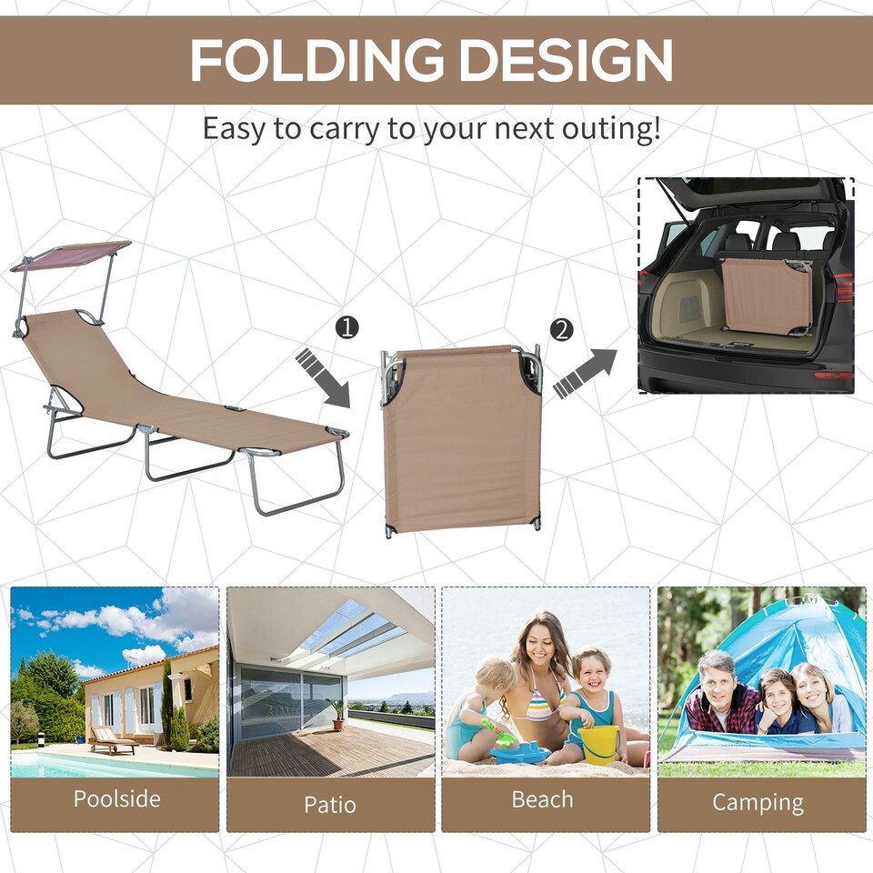 image 1 of Outsunny Folding Sun Lounger w/ Sunshade Adjustable Backrest Tan