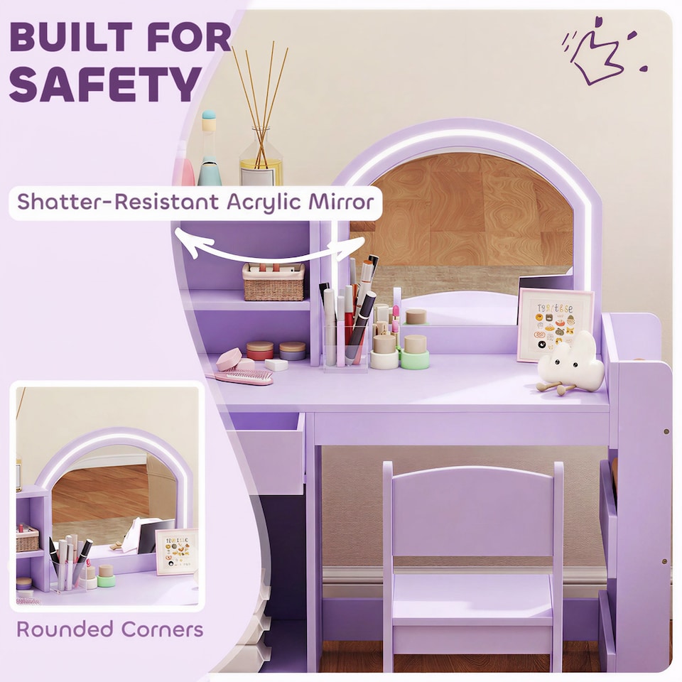 image 1 of AIYAPLAY Girls Dressing Table with 2-Colour LED Mirror and Stool, Purple