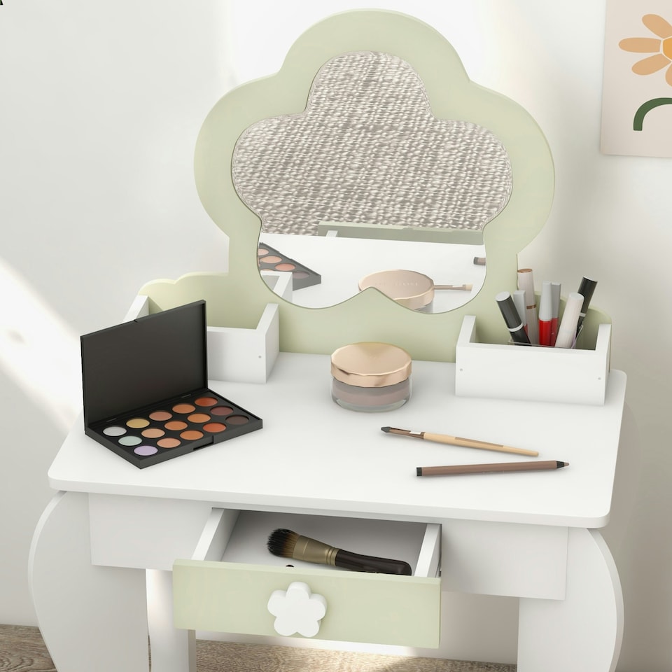 image 1 of ZONEKIZ Kids Vanity Table Set, Beauty Flower Design, for Ages 3-6 Years - White White