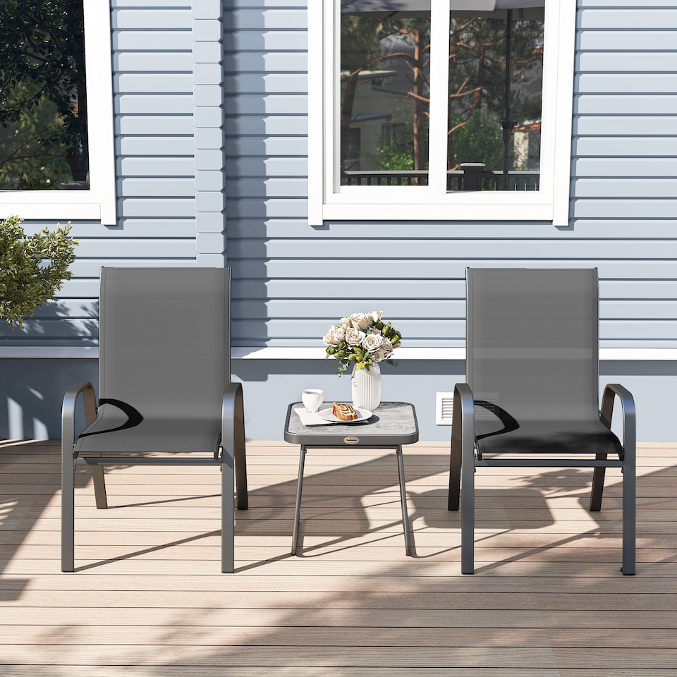 image 1 of Outsunny Garden Bistro Set, 3 Piece Garden Furniture Set with Stackable Armchairs and SPC Board Coffee Table, Bistro Table and Chairs with Texteline Seats for Balcony, Porch, Black