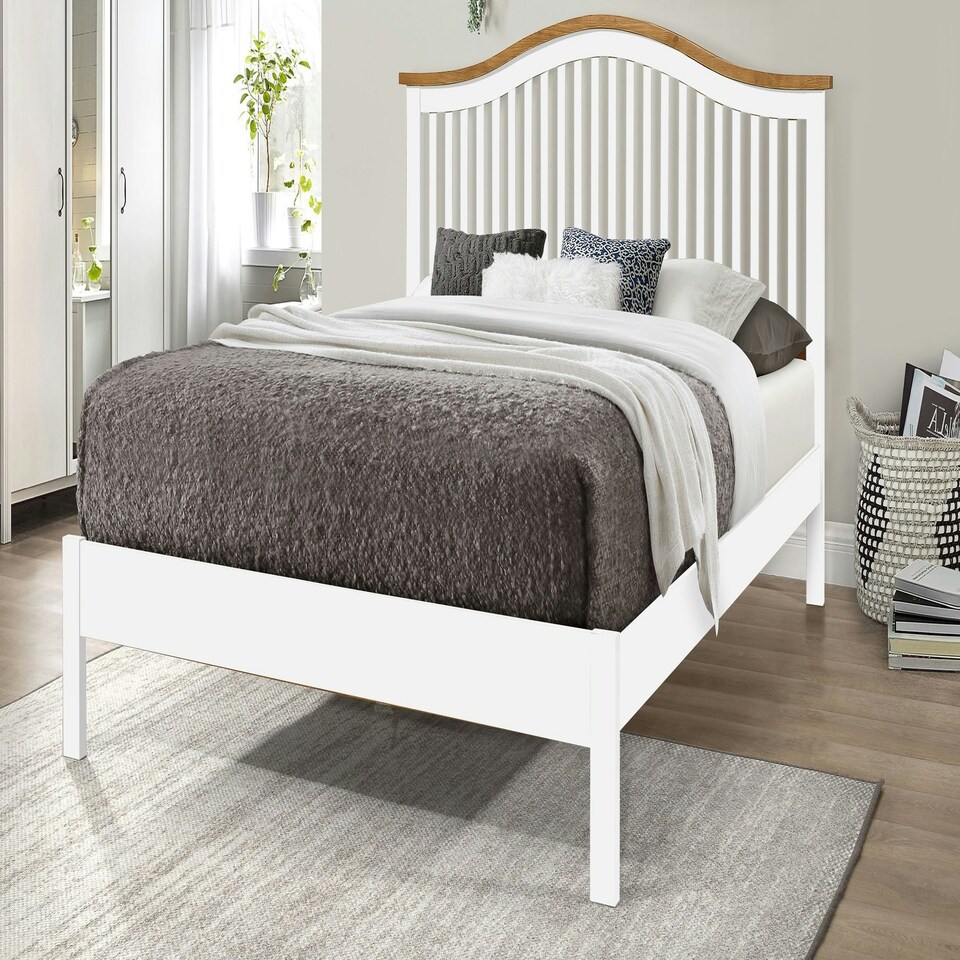 image 1 of 5ft King Size White & oak finish chunky, strong solid wood wooden bed frame.Curved headboard head end, low foot end board