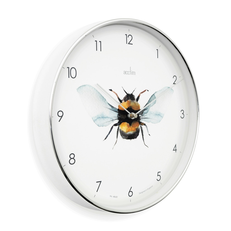 image 1 of Acctim Bee Wall Clock Quartz Chrome Effect Foil Embossed Arabic Dial 30cm Chrome | White
