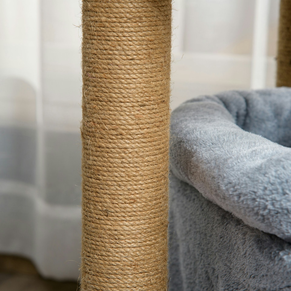 image 1 of PawHut Cat Scratching Post with Bed House Perch Toy for Indoor Cats, Grey