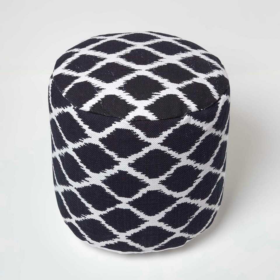 image 1 of Homescapes Circular Blue and Natural Colour Ikat Round Footstool