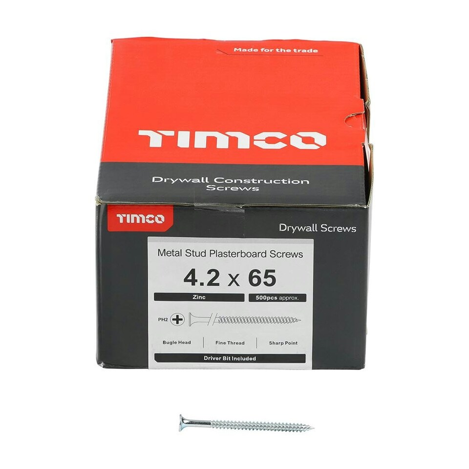 image 1 of Timco - Drywall Metal Stud Plasterboard Screws - PH - Bugle - Fine Thread - Zinc (Size 4.2 x 65 - 500 Pieces)