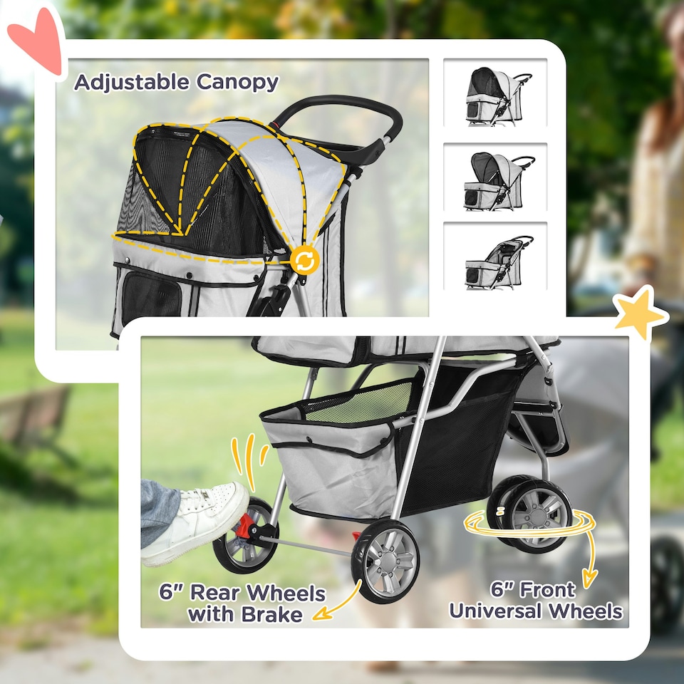 image 1 of PawHut Pet Stroller Pushchair Carrier for Cat Puppy with 3 Wheels Grey