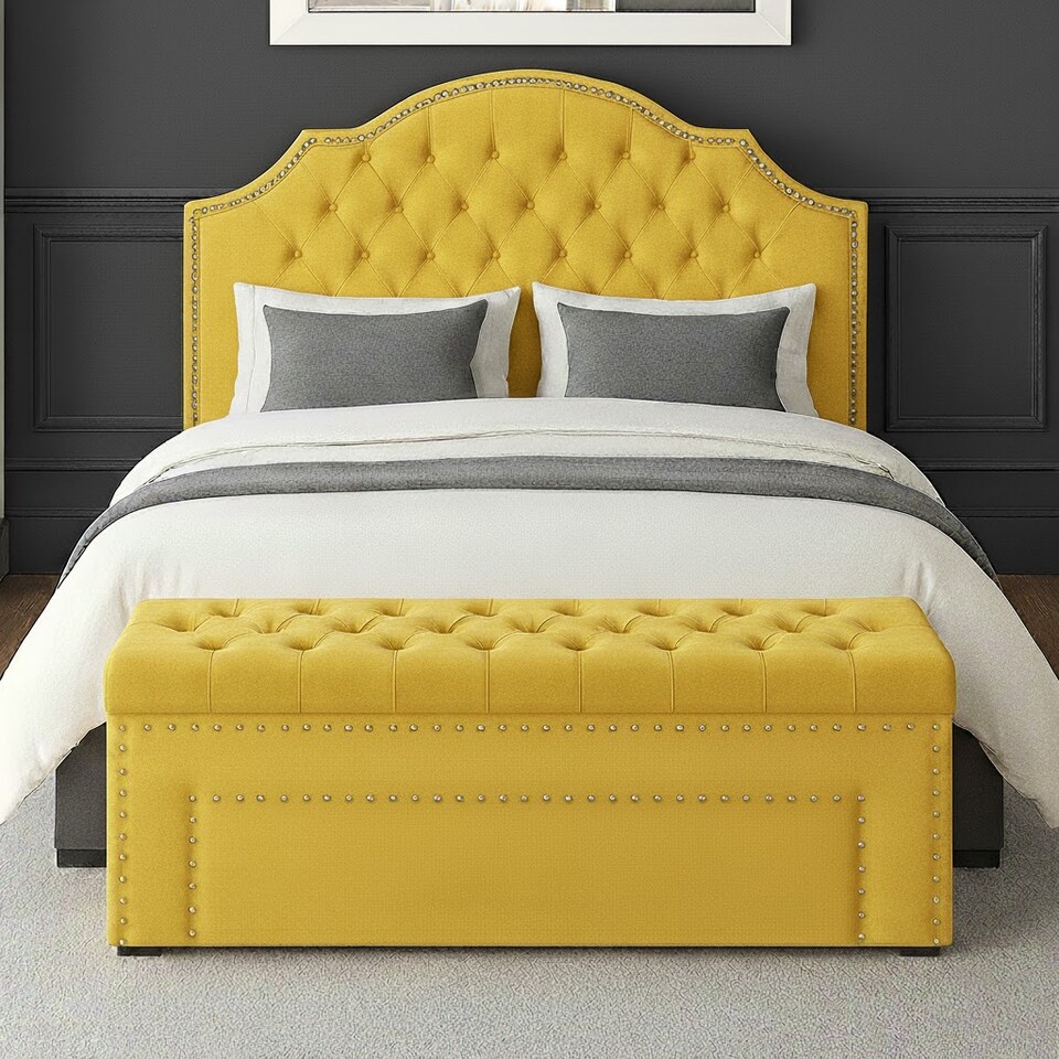 image 1 of 90cm Duke Ottoman Storage Box -Upholstered Blanket Box - Mustard Gold Plush Velvet Multifunctional Storage Box