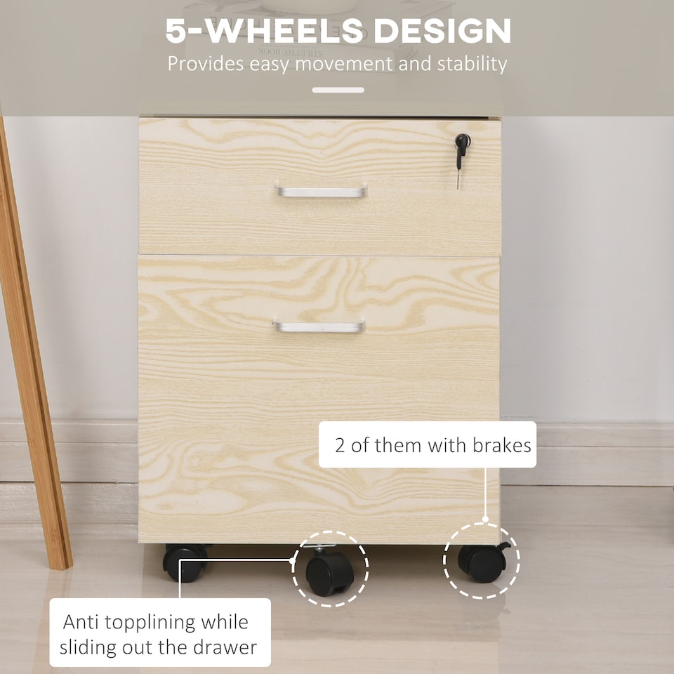 image 1 of Vinsetto 2-Drawer Locking Office Filing Cabinet 5 Wheels Rolling Storage Oak