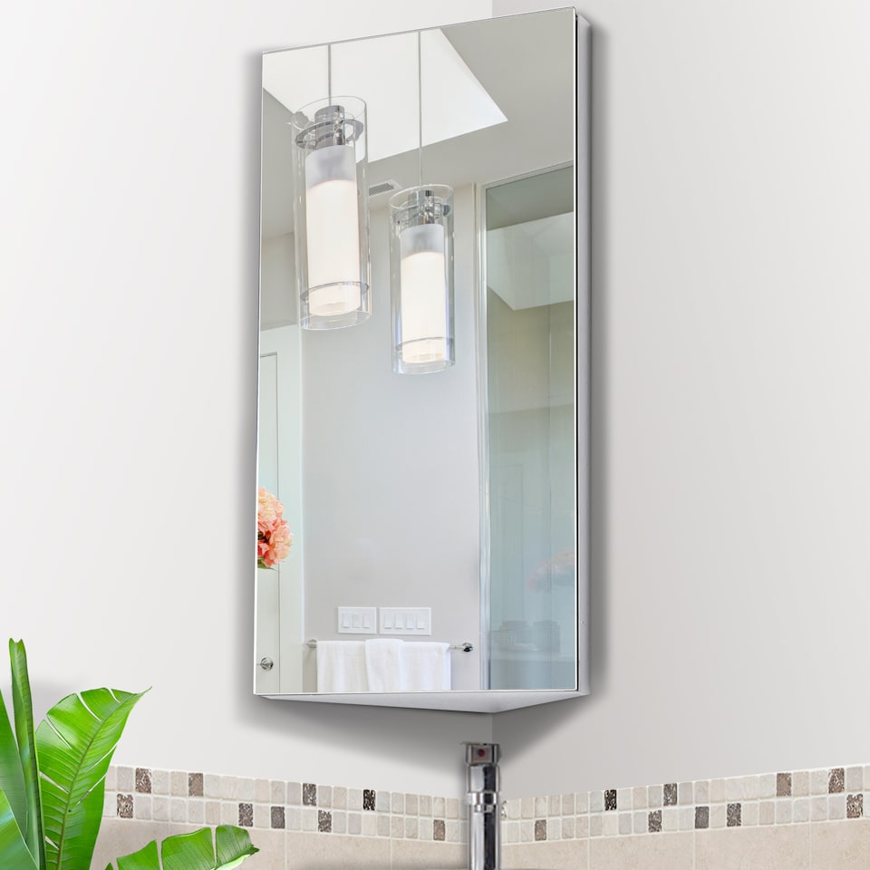 image 1 of HOMCOM Stainless Steel Wall mounted Bathroom Corner Mirror Storage Cabinet Single Door 300mm (W)
