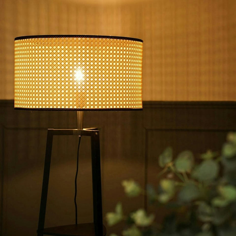 image 1 of ValueLights Hiru Black 3 Tier Shelf Floor Lamp Wicker Shade