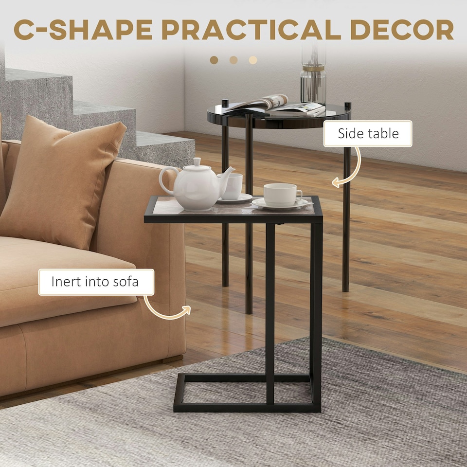 image 1 of HOMCOM C Shape Side Table w/ Wood-Effect Top Black