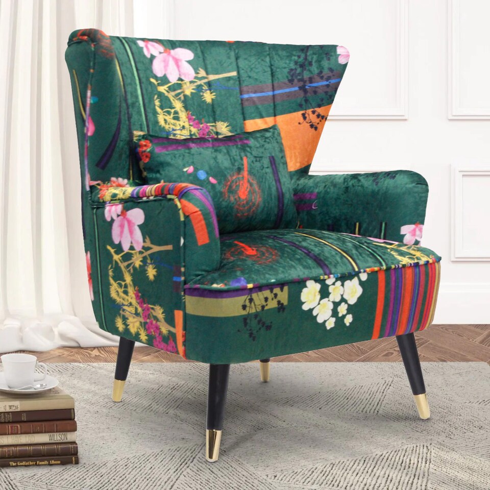 image 1 of Fabric Green Patchwork Victoria Accent Wingback Chair