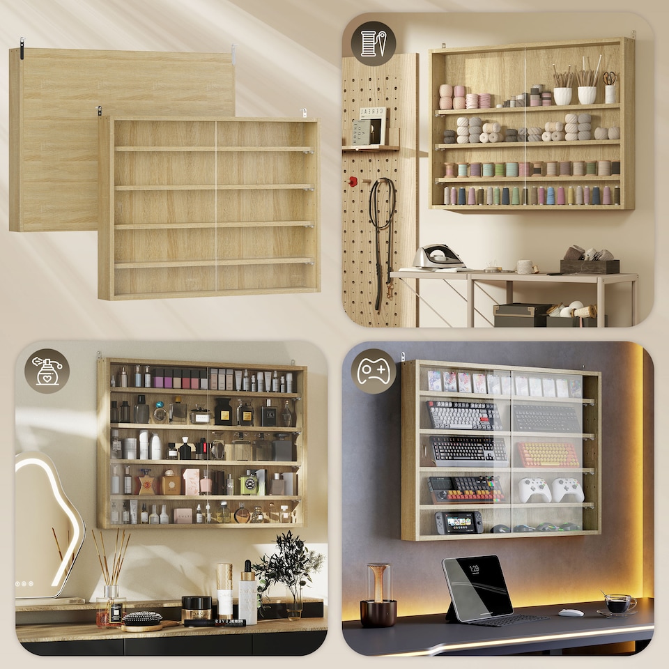 image 1 of HOMCOM 5-Tier Wall Display Shelf Unit Cabinet w/ 4 Adjustable Shelves Glass Doors Home Office Ornaments 60x80cm Oak | White