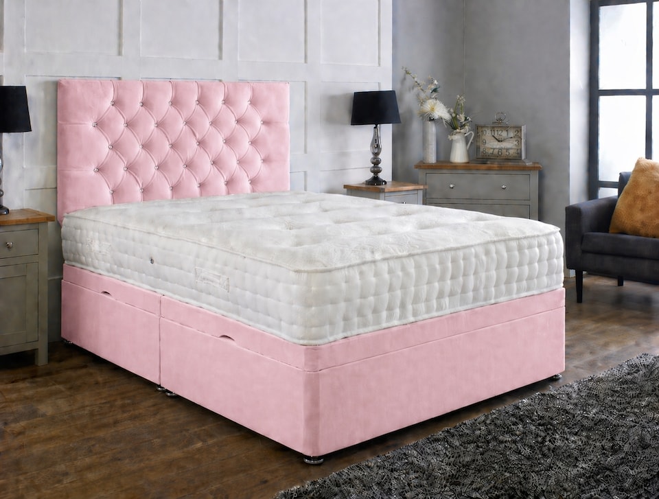 image 1 of Side Lift 5ft Kingsize Pink Plush Ottoman Bed With Headboard and Mattress