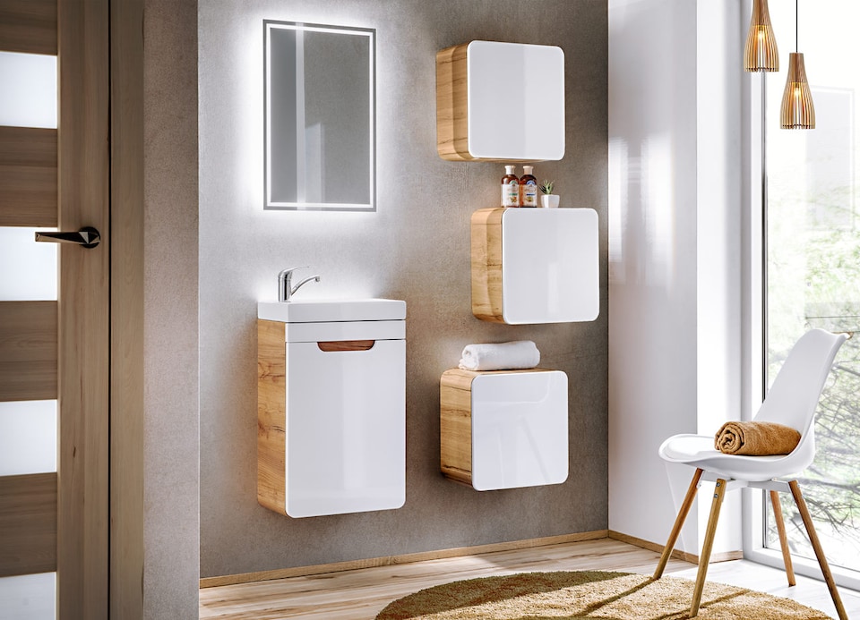 image 1 of Small Bathroom Cabinet Wall Mounted Cube Unit Set of 3 Floating Storage Shelf Boxes Designer White Gloss Oak Handleless Arub