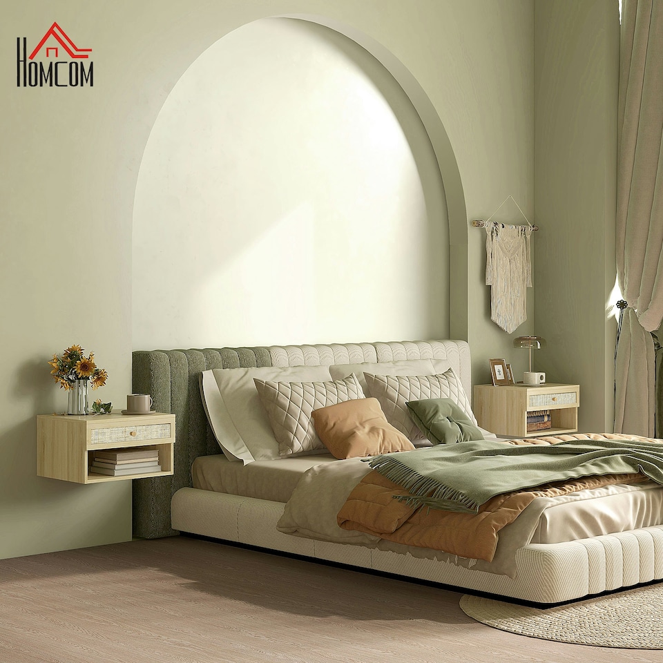 image 1 of Floating Nightstands Set of 2 with Rattan Drawer and Storage Shelf for Bedroom