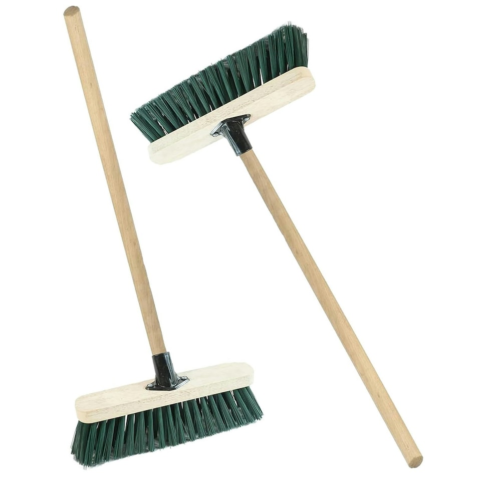 image 1 of 2 x 12" Strong Green Wooden Handle PVC Bristle Sweeping Broom Great For Outdoor Areas
