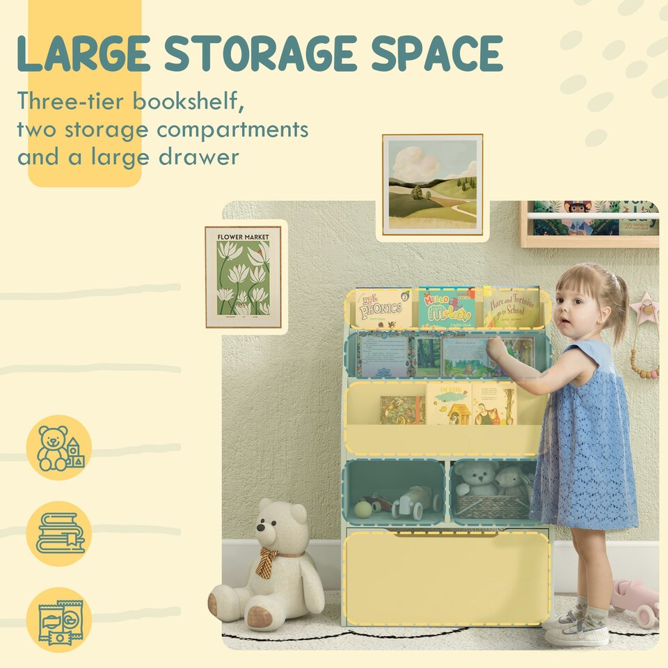 image 1 of HOMCOM Kids Bookcase, Toy Box w/ Storage Drawer, Wheels for Bedroom - Pink