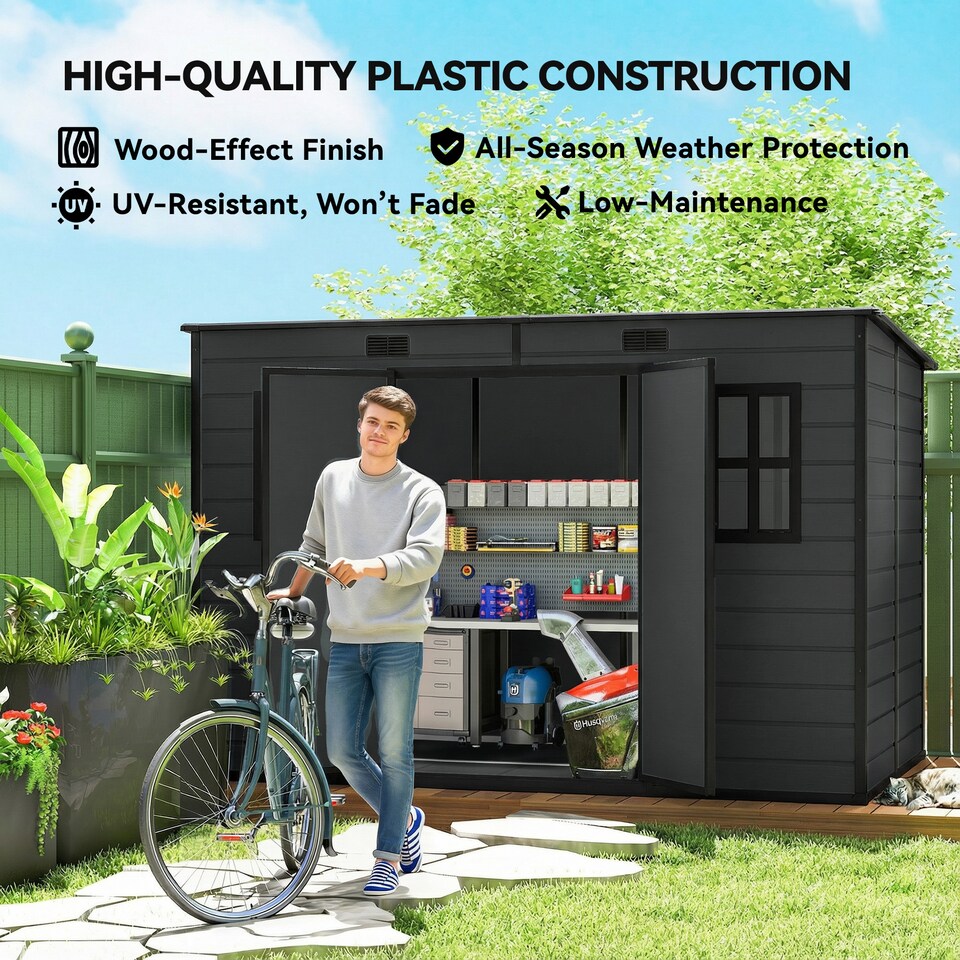 image 1 of Outsunny 10 x 6 ft Plastic Garden Shed with Floor, Lockable Doors, Dark Grey | Grey | Dark Grey