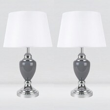 First Choice Lighting Set of 2 Chrome and Grey Urn Table Lamps with White Shades Chrome | White