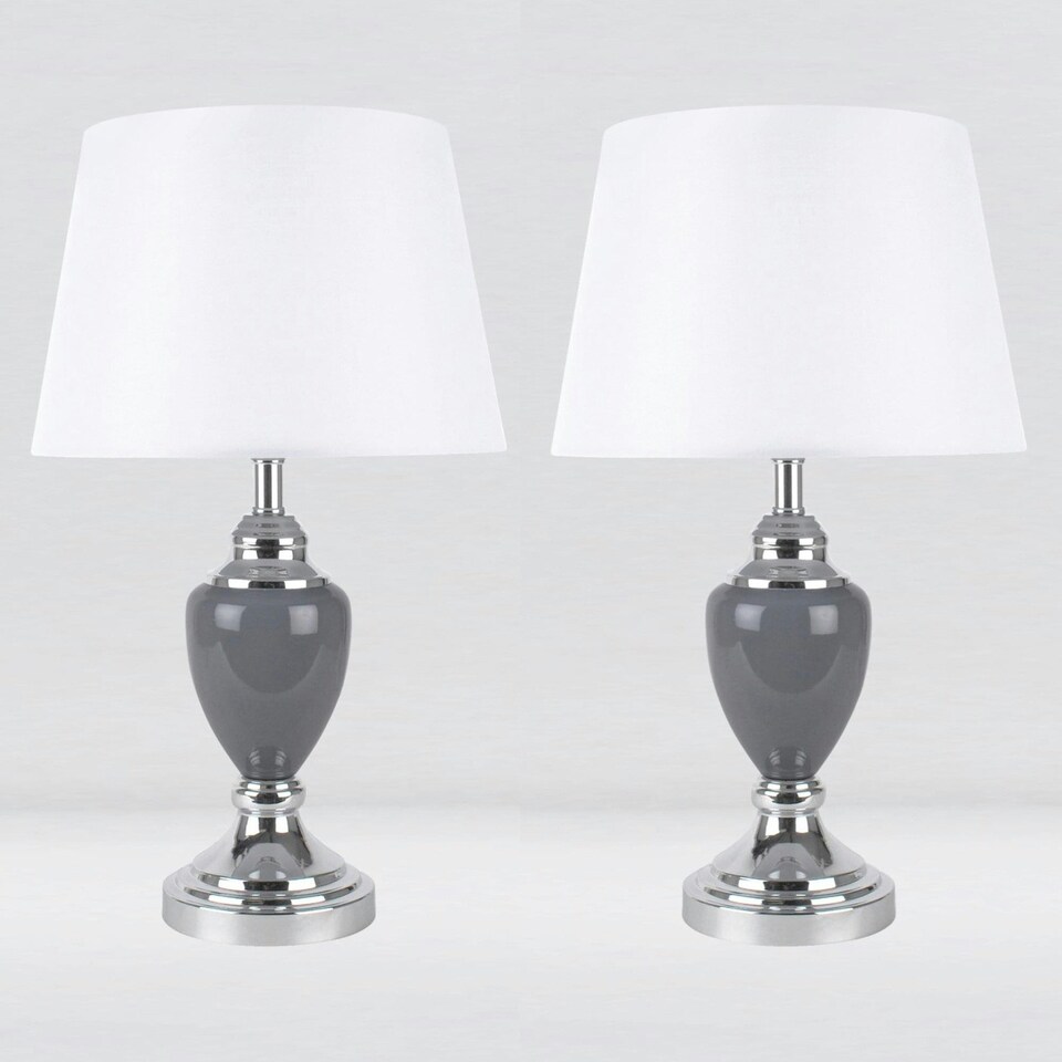 image 1 of First Choice Lighting Set of 2 Chrome and Grey Urn Table Lamps with White Shades Chrome | White
