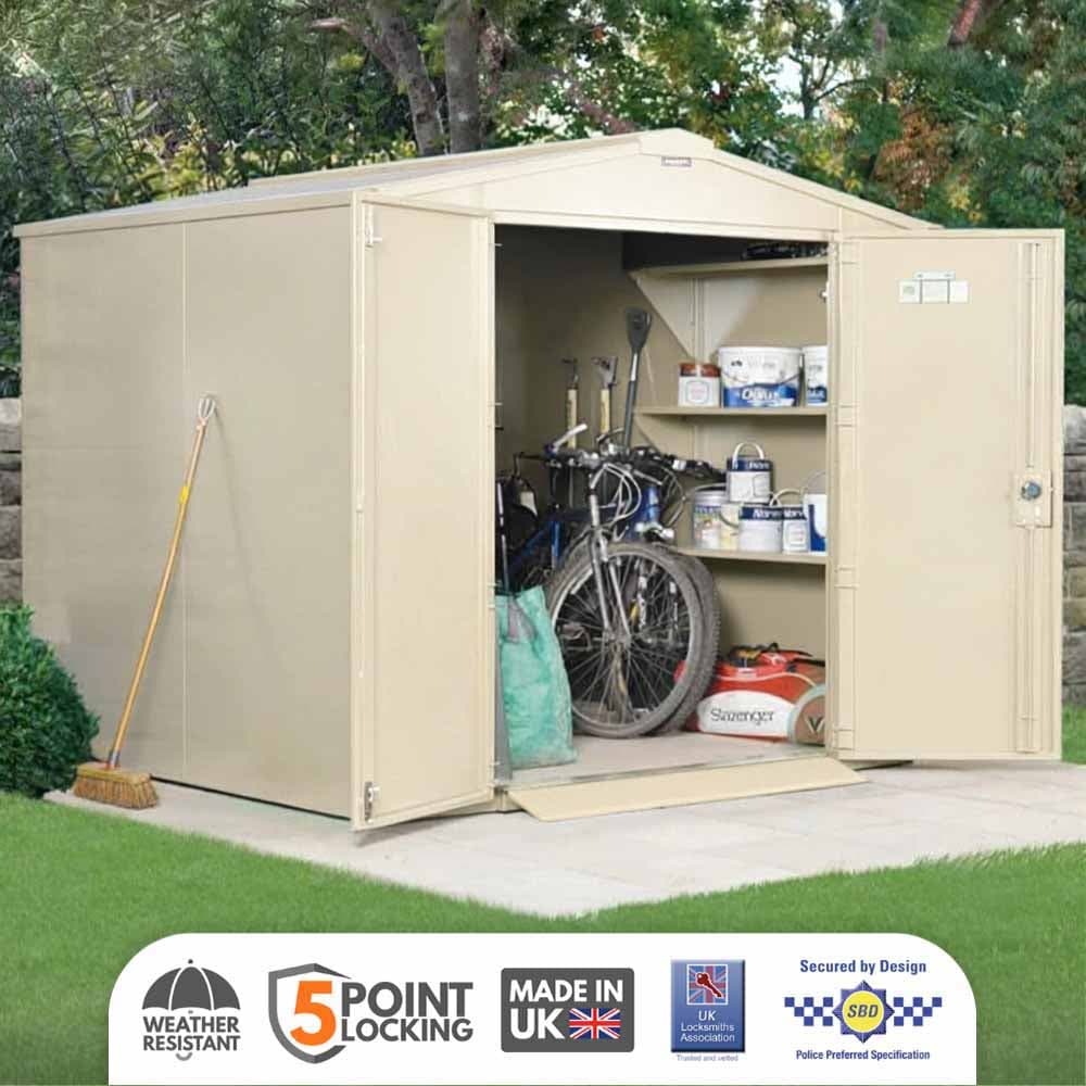 ASGARD Gladiator Secured by Design High Security metal garden shed in CREAM with full metal floor and 5 point locking (7 x 7)