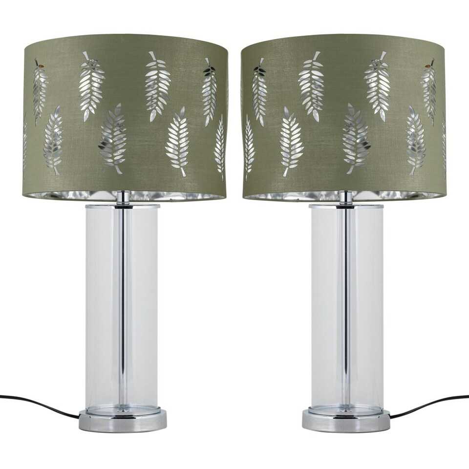 image 1 of Set of 2 Aura - Chrome Table Lamps with Sage Green Fern Shades Chrome | Green