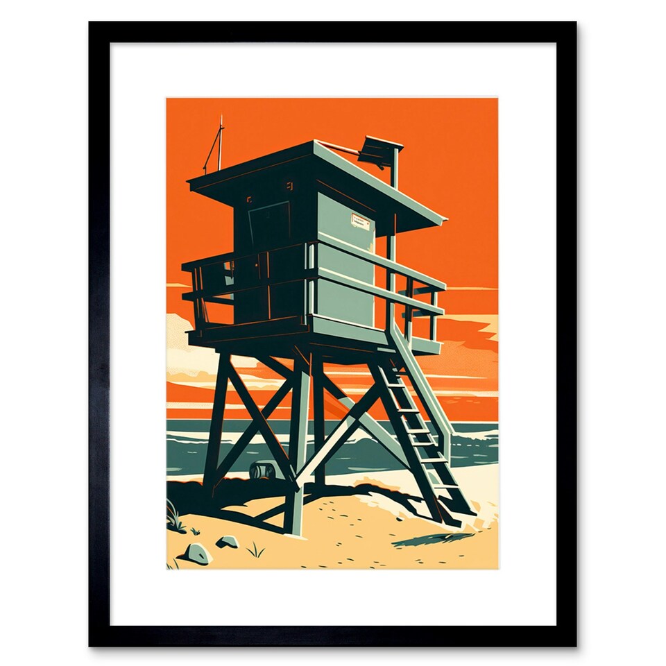 image 1 of Lifeguard Tower Pastel Orange Teal Blue Beach 9x7" Black Framed Wall Art Print
