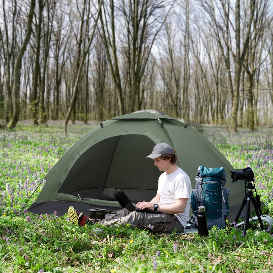 image 1 of Outsunny Camping Tent for 2 Person Dome Tent w/ Storage Pocket Orange